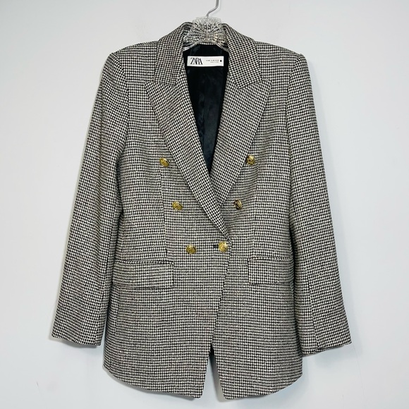 Zara Houndstooth Textured Gold Button Tweed Double Breasted Blazer 2761/255 XS - Picture 6 of 16